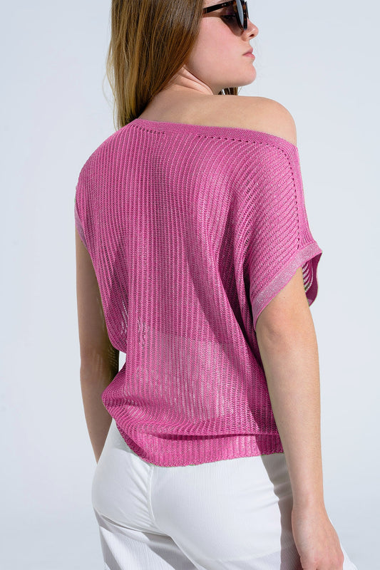 Boat Neck Ribbed Sweater With Cap Sleeves in pink - T-shirts
