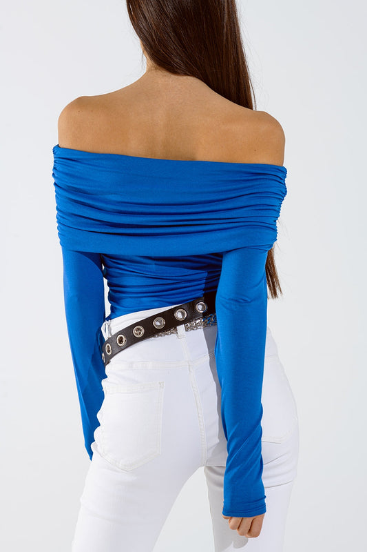 Bodycon Off Shoulder Top In Blue - Tops