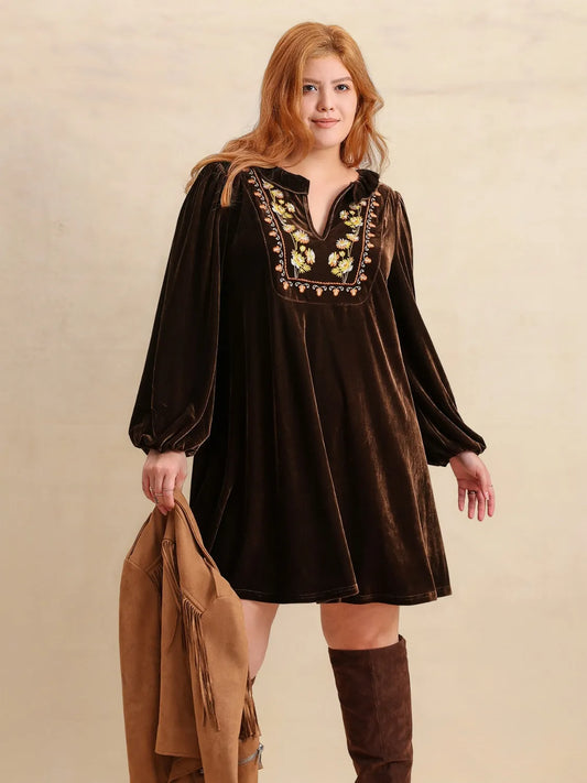 Boho Chic Plus Size Dress with Floral Embroidery - Dresses