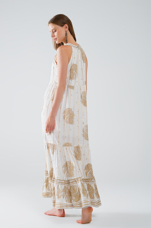 boho maxi chiffon dress with gold flower print - Dresses