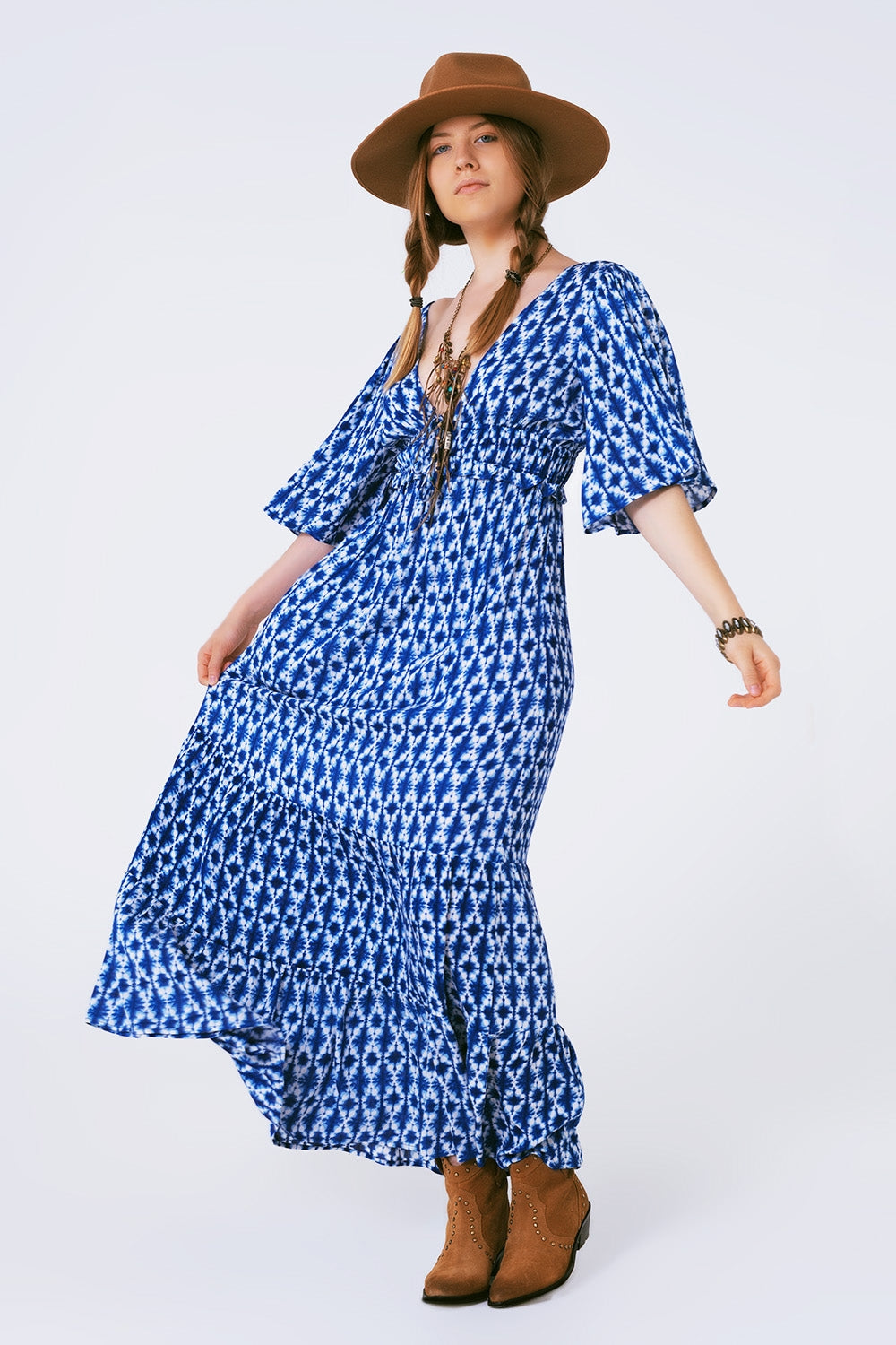 boho print maxi dress crossed on the back - Dresses