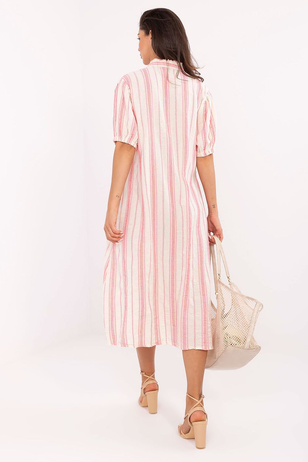 Och Bella Boho style dress with pink and white stripes, back view showing relaxed fit and short sleeves