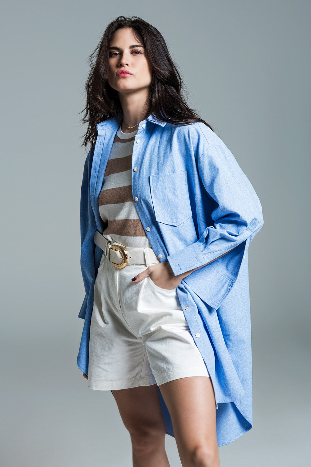 Boyfriend Cut Shirt With 3/4 Sleeve in Baby Blue - Shirts