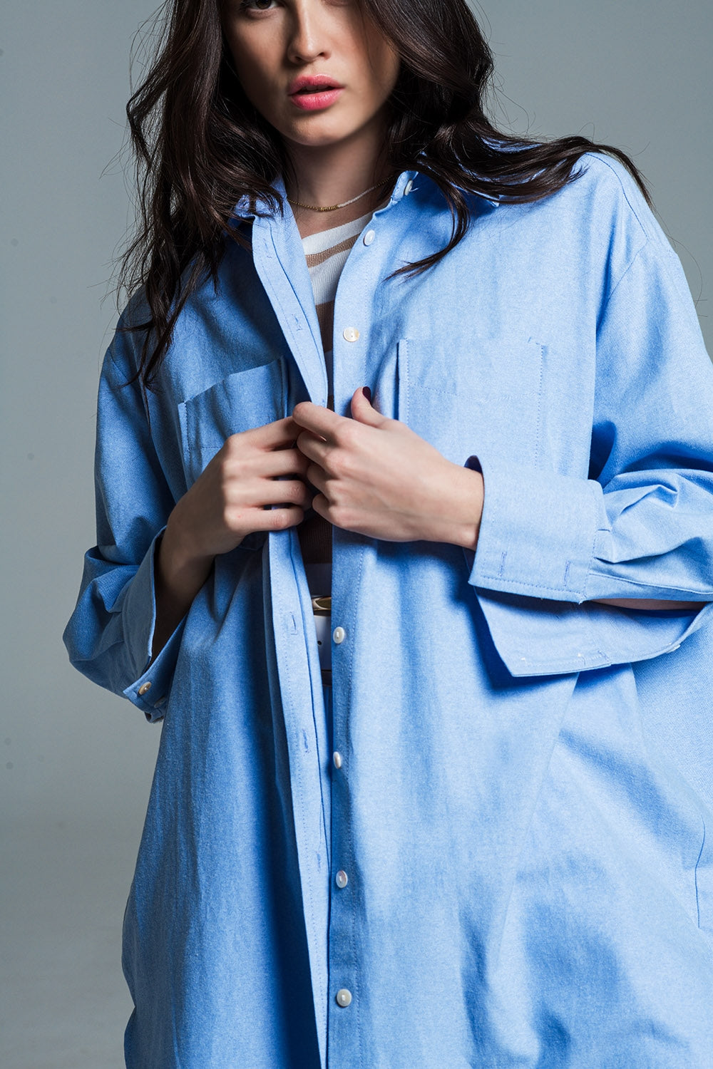 Boyfriend Cut Shirt With 3/4 Sleeve in Baby Blue - Shirts