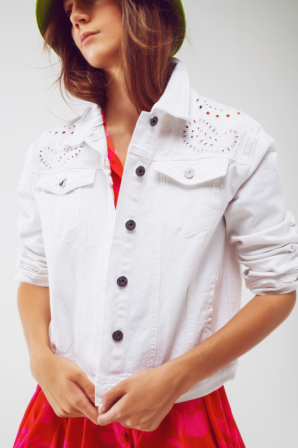 Broderie Denim Jacket in White - Jackets