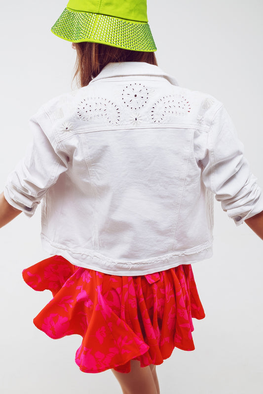 Broderie Denim Jacket in White - Jackets