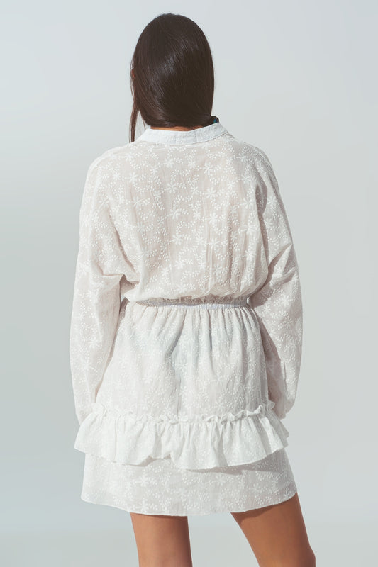 Broderie Mini Dress with Ruffles in White - Dresses