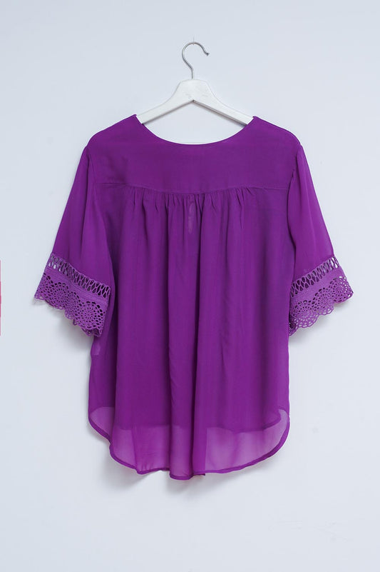 Broderie tie front blouse in purple - Blouses