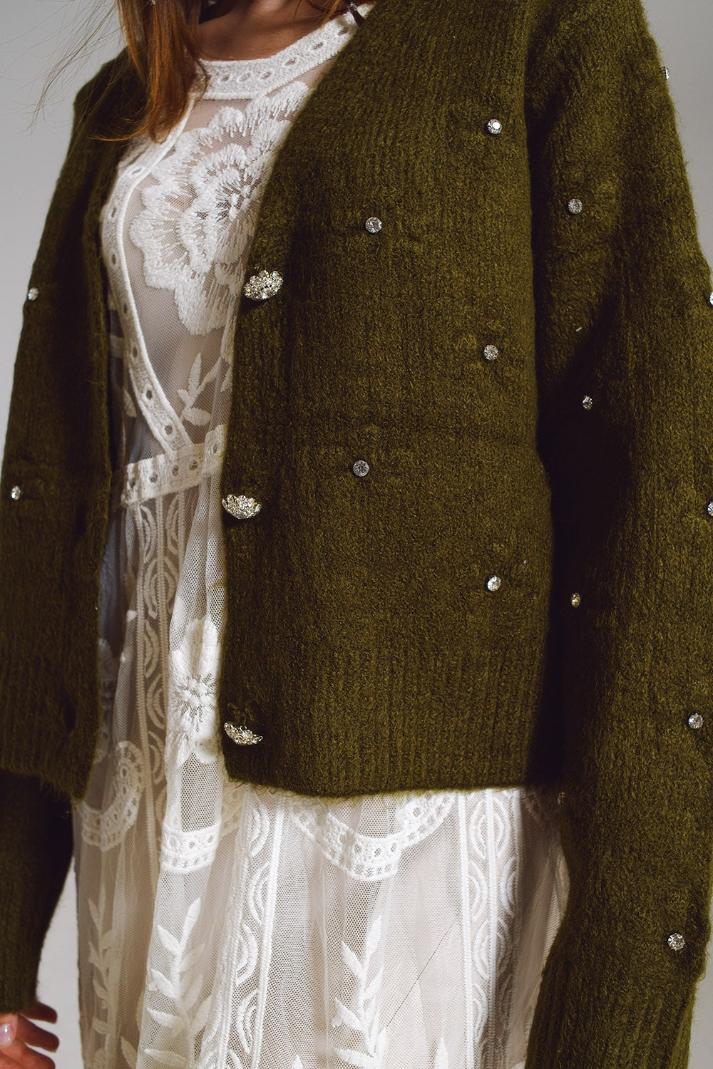 Brown cardigan with knitted flowers and embellished details in Military Green - Cardigans