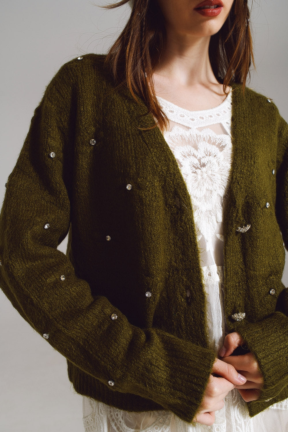 Brown cardigan with knitted flowers and embellished details in Military Green - Cardigans