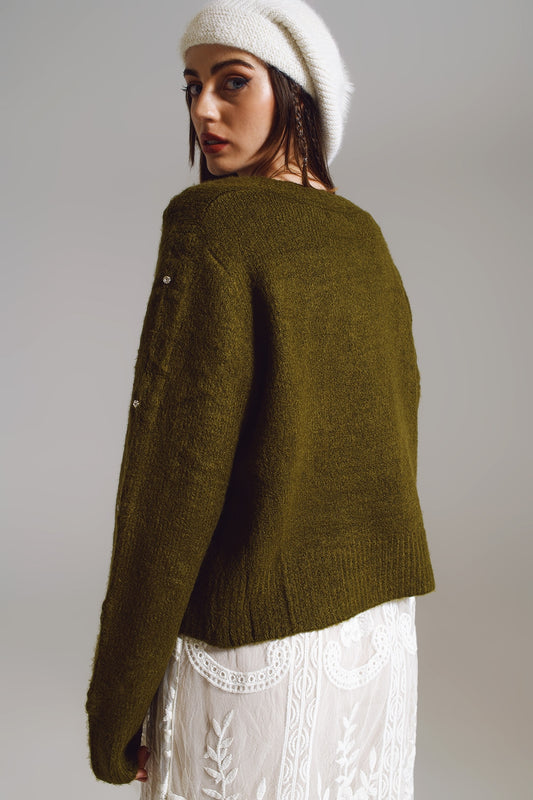 Brown cardigan with knitted flowers and embellished details in Military Green - Cardigans