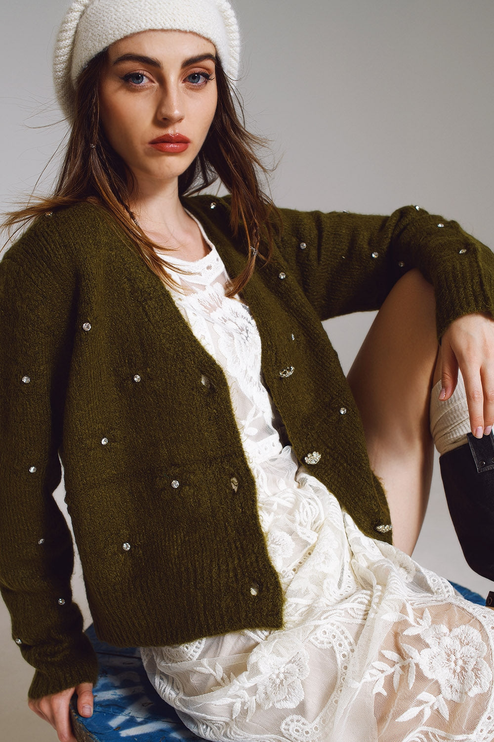 Brown cardigan with knitted flowers and embellished details in Military Green - Cardigans