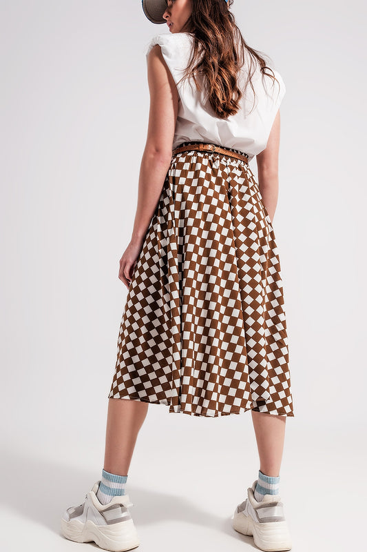 Brown Checkerboard Midi Skirt - Skirts