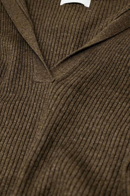 Brown Collared Rib Top With Long Sleeves - Jumpers