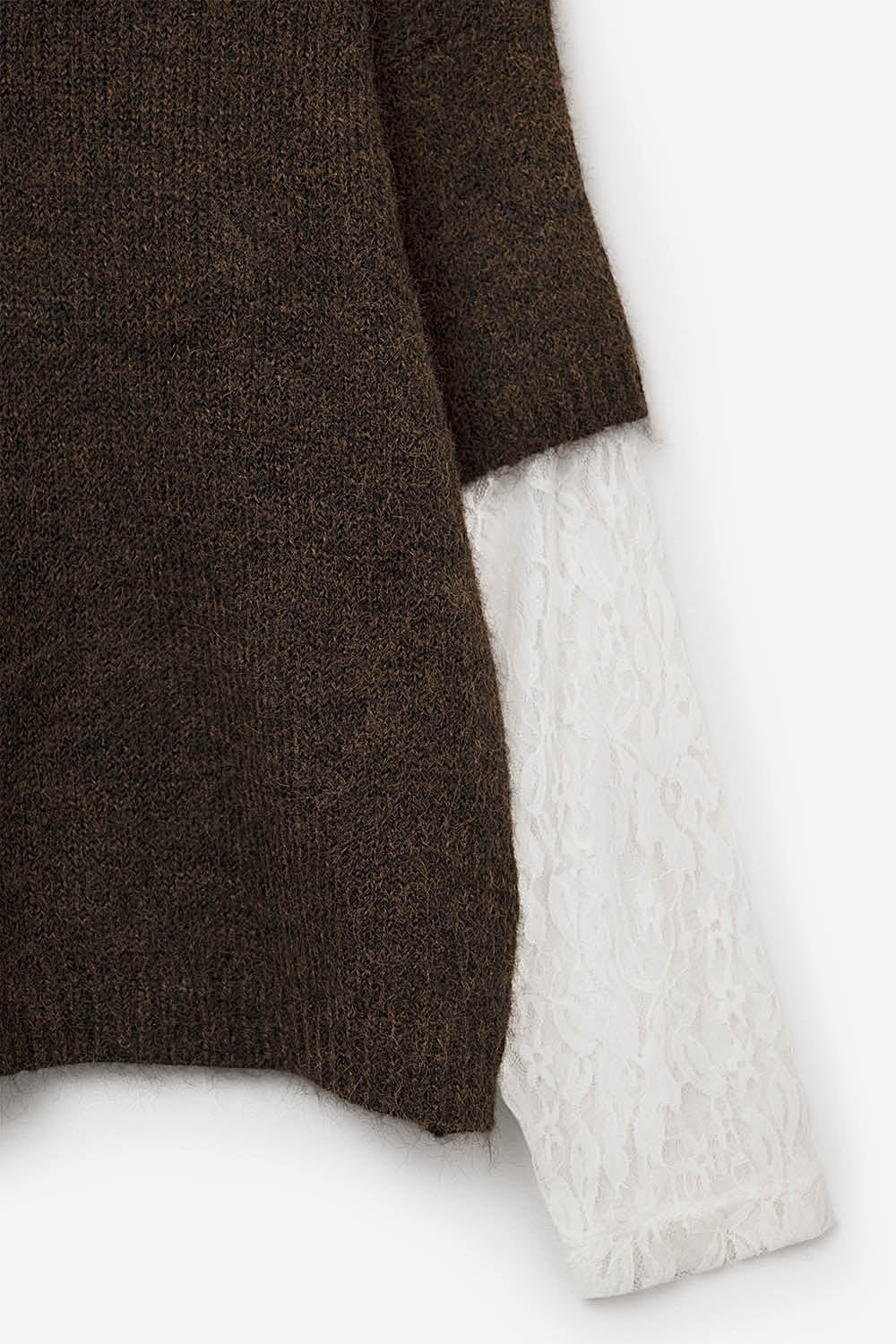 Brown Contrast V-Neck Sweater with Contrasting White lace Sleeves - Sweaters