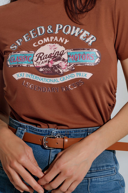 Brown Crew Neck T-shirt With Graphic Print - T-Shirts