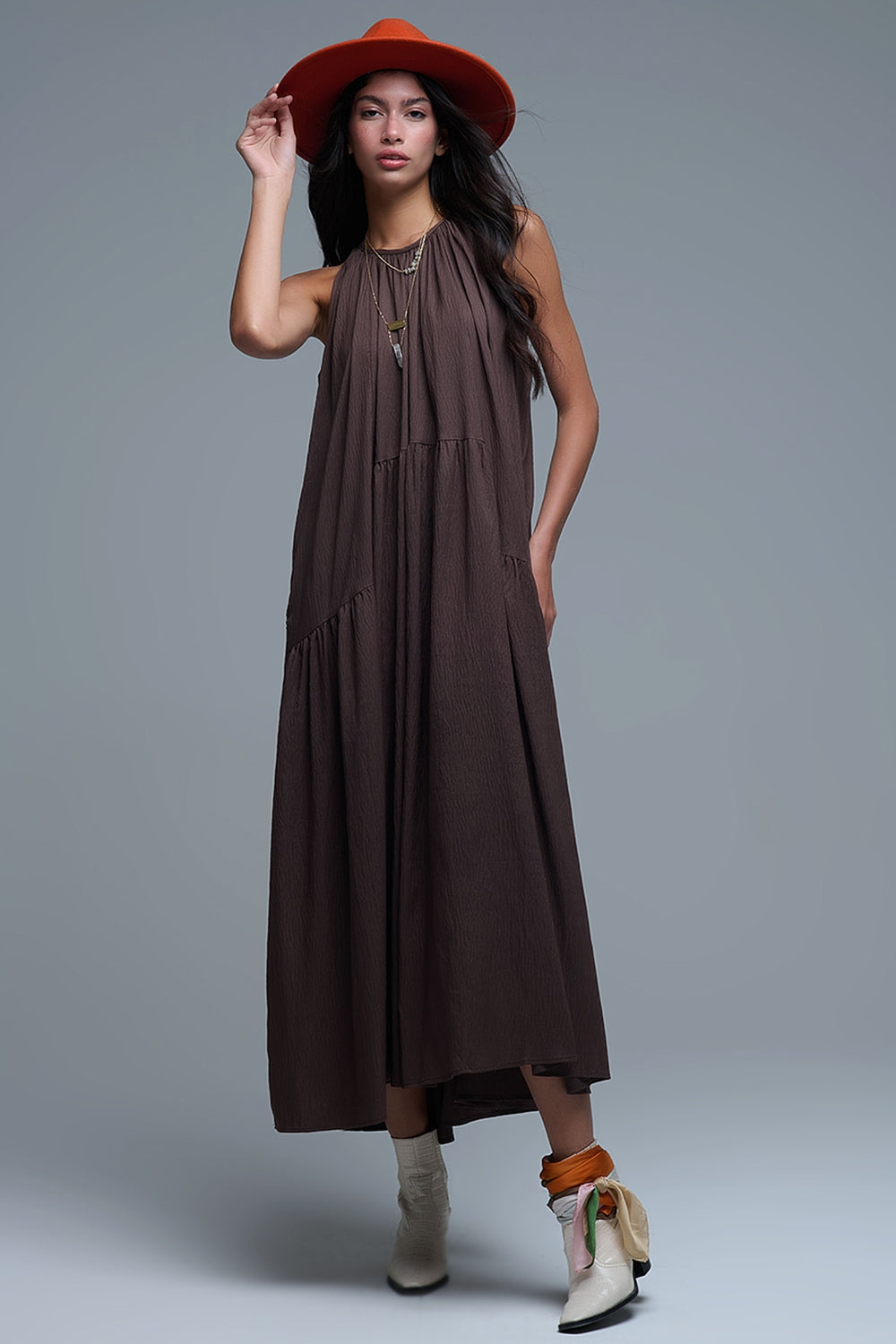 Brown Halter Neck Maxi Dress With Seam Detailing - Dresses