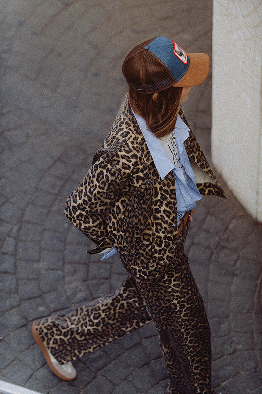 Brown Jacket with leopard Print in denim fabric - Jackets