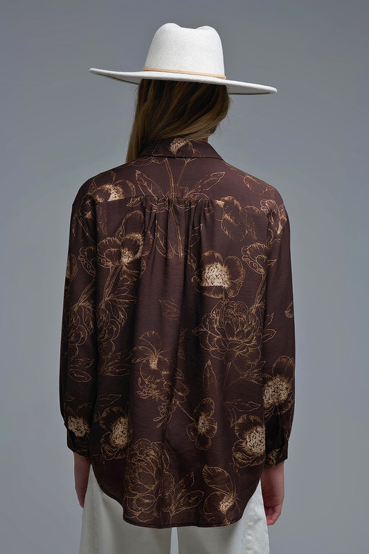Brown Light-weight Flowy shirt in Autumnal Floral Print - Shirts