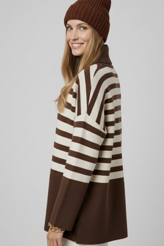Brown oversized turtleneck sweater with white stripes and splits on the side -