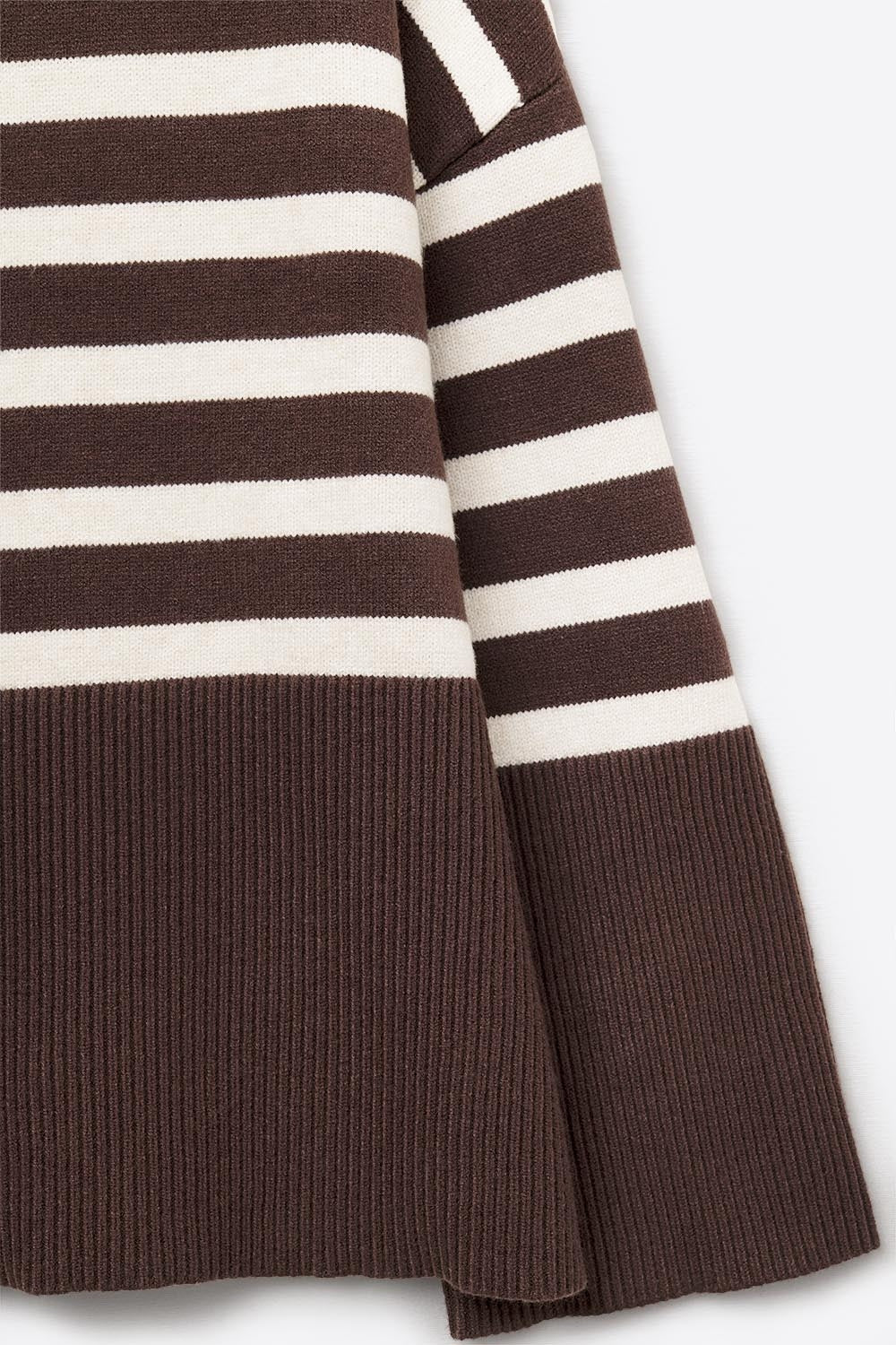 Brown oversized turtleneck sweater with white stripes and splits on the side -