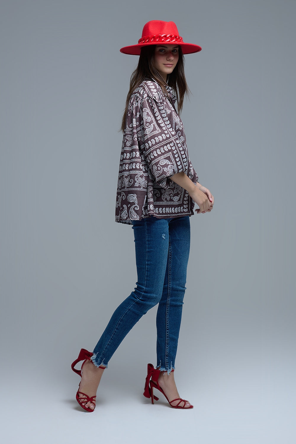 Brown Paisley Shirt With Voluminous Sleeves - Shirts