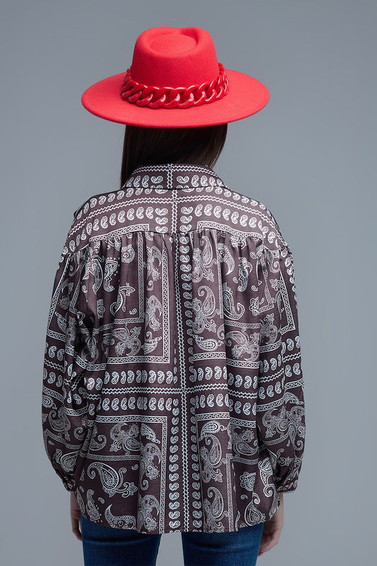Brown Paisley Shirt With Voluminous Sleeves - Shirts
