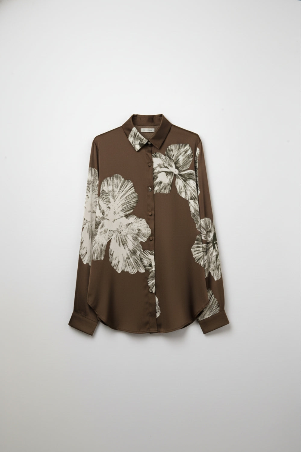 Brown Floral Button-Up Blouse in Satin fabric - Shirts