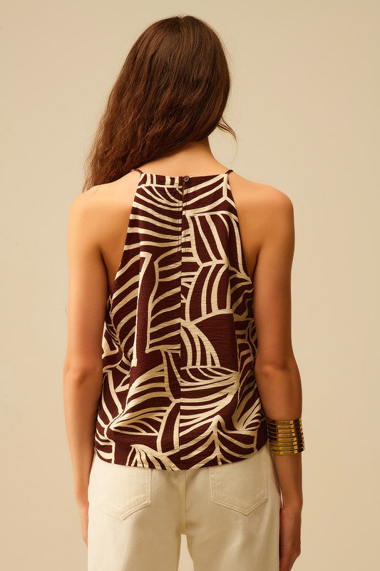 Brown Sleeveless Halter Top with White Leaf Print - Tops