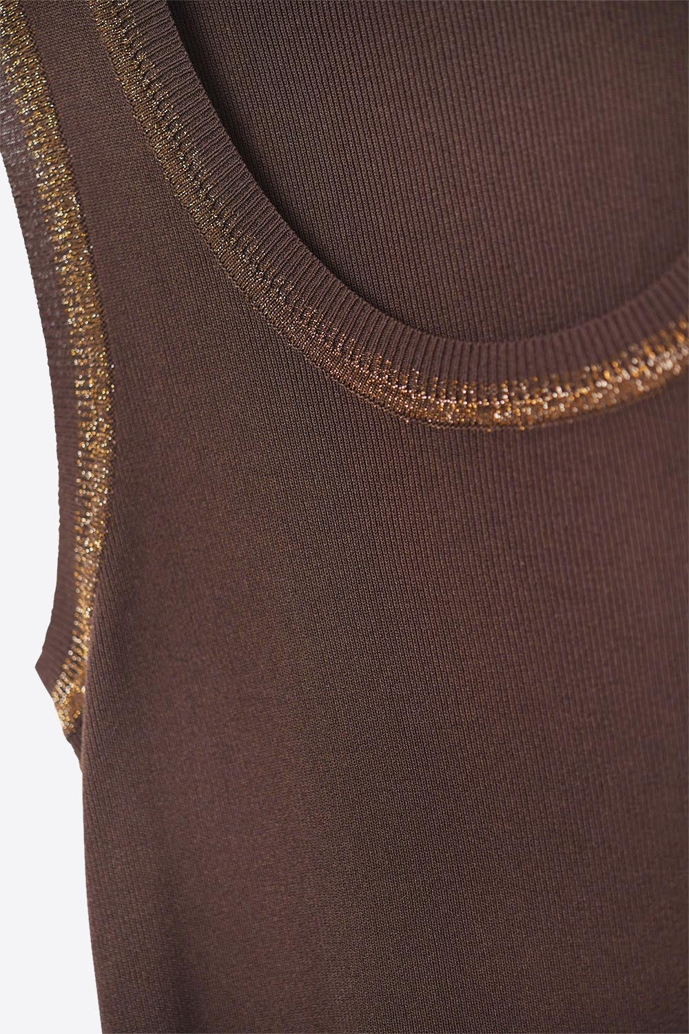 Brown Sleeveless Knit Top with Metallic Trim - Tops