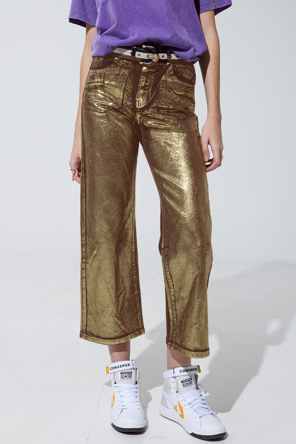 Brown straight leg jeans with gold metallic glow - Jeans