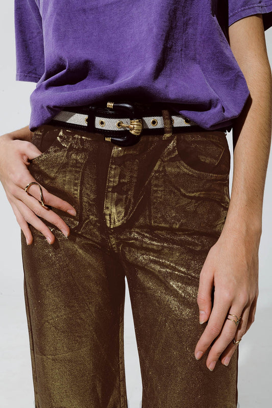 Brown straight leg jeans with gold metallic glow - Jeans