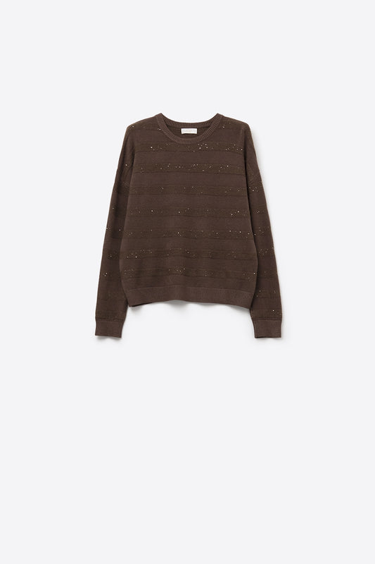 Brown Striped Knit Sweater with Sequin Detail - Sweaters