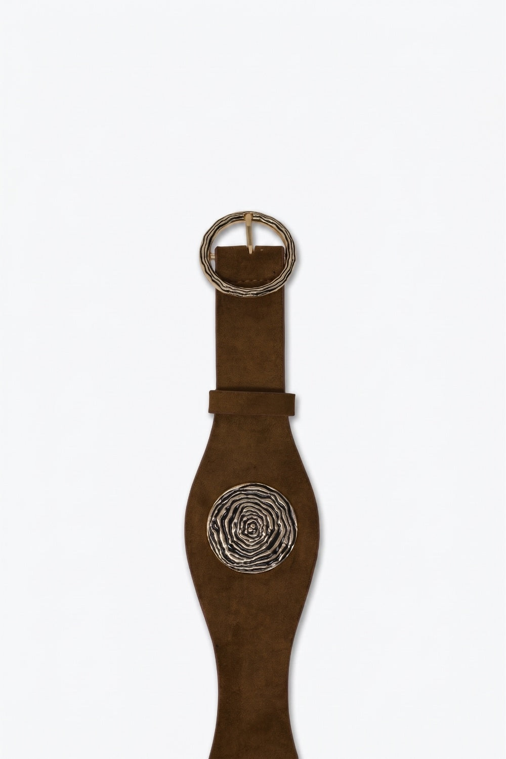 Brown Suede Gold Swirl Buckle Wide Waist Belt