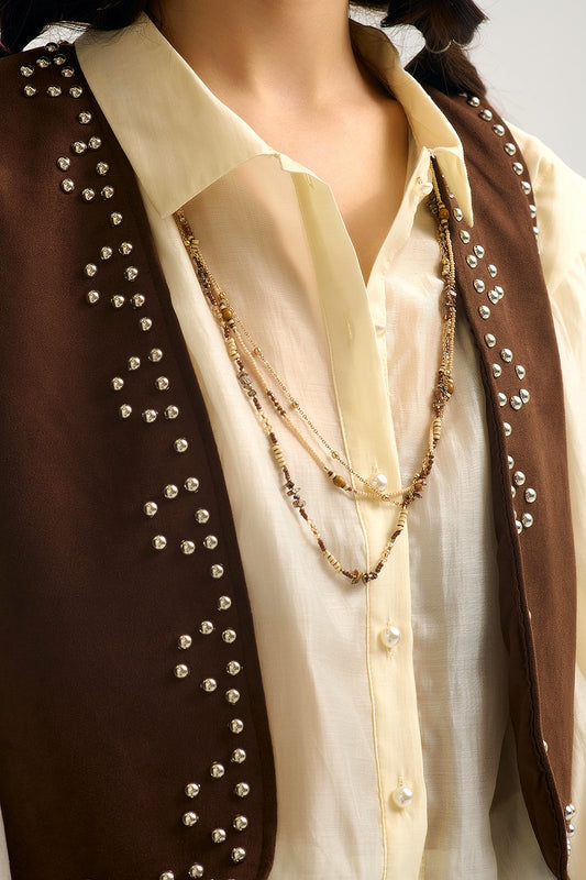 Brown Vest with Metallic Stud Details - Tops