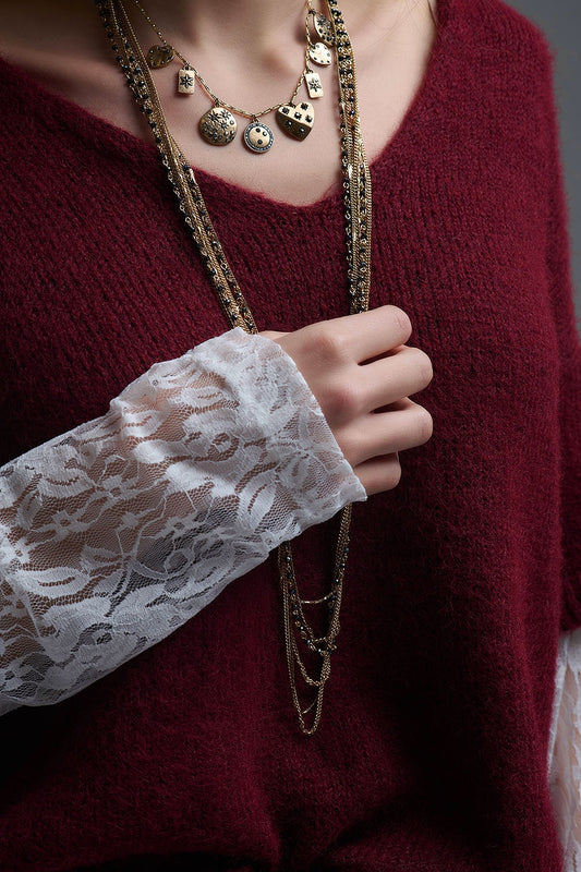burgundy Contrast V-Neck Sweater with Contrasting White lace Sleeves - Sweaters