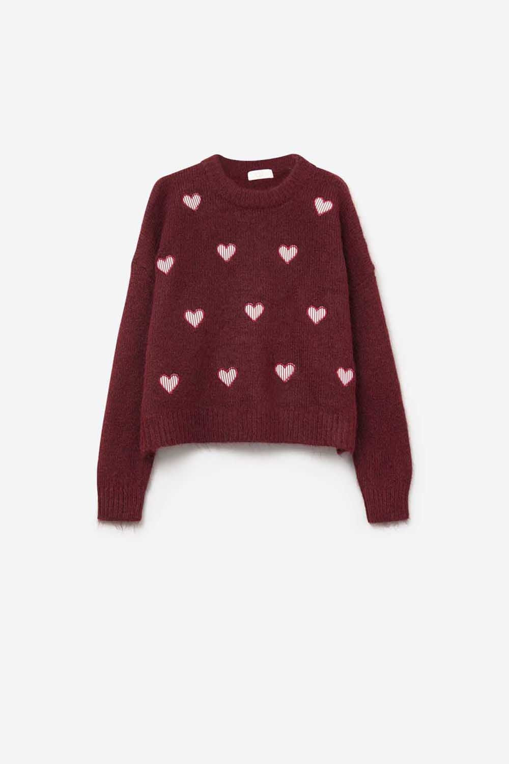 Burgundy Crew Neck Sweater With Striped Hearts - Sweaters
