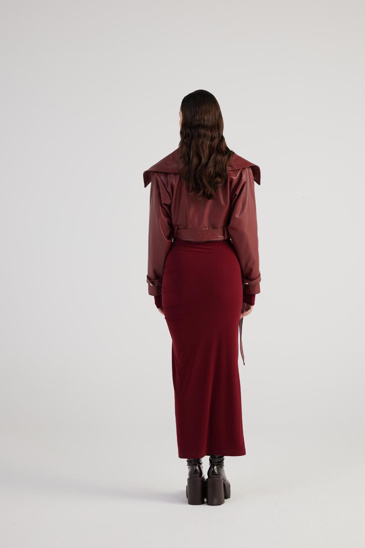 Neeko Burgundy Faux Leather Cropped Jacket - Jackets & Blazers