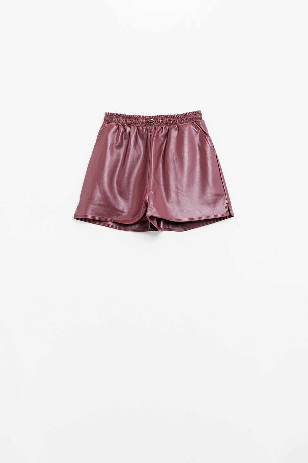Burgundy faux leather shorts with gathering at the waist with drawstring - Trousers