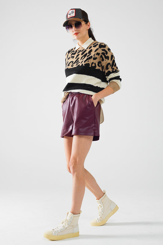 Burgundy faux leather shorts with gathering at the waist with drawstring - Trousers