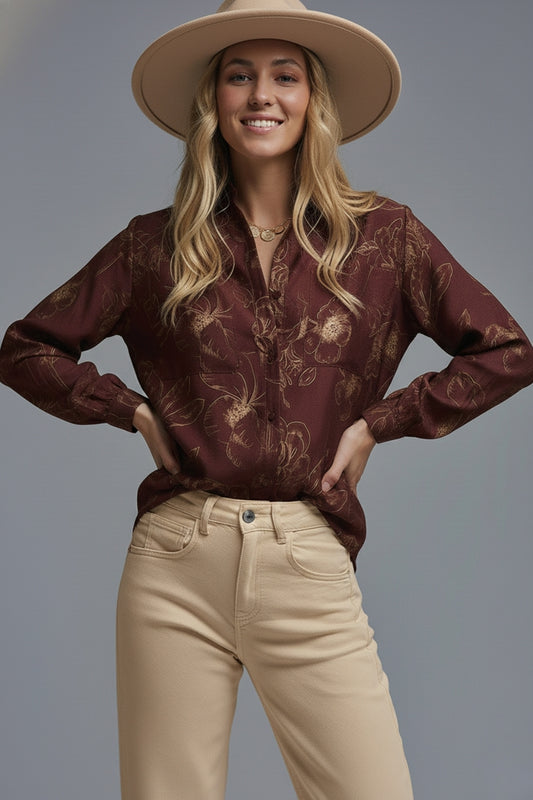 Burgundy Light-weight Flowy shirt in Autumnal Floral Print - Shirts
