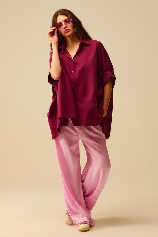 Burgundy Oversized Blouse with Short Sleeve - Shirts