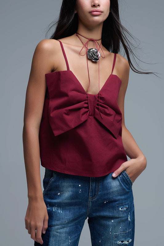 Burgundy poplin crop top with bow detail - Tops
