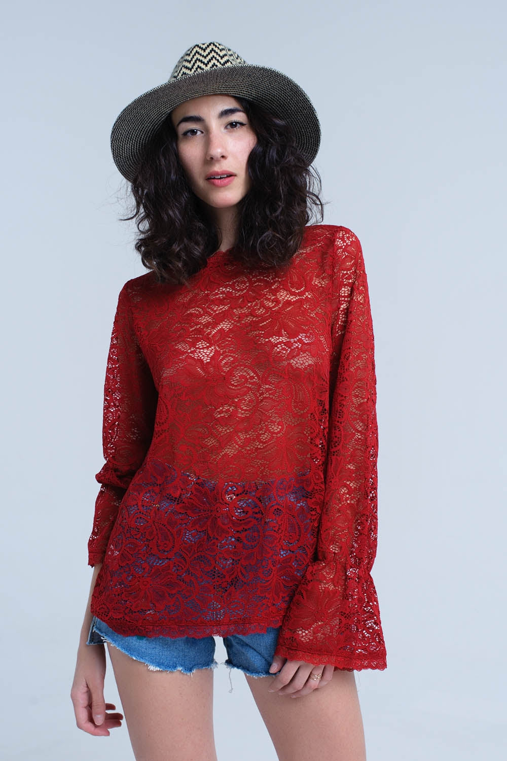 Burgundy sheer lace top with bell sleeves - Tops