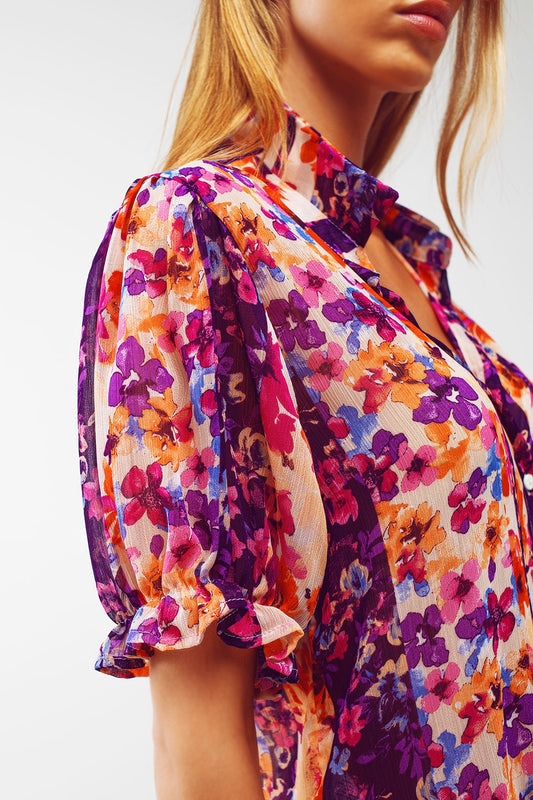 Button Down Shirt With Floral Print And Puff Short Sleeves - Shirts