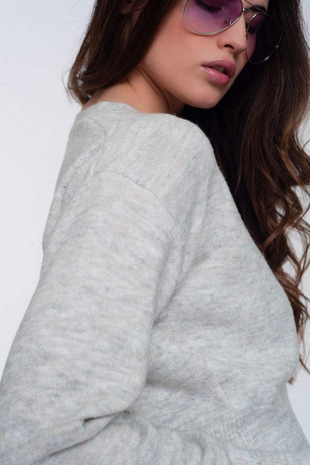 Button front cropped knit cardigan in light gray - Cardigans