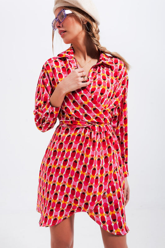 Button front tie waist printed dress in red - Dresses