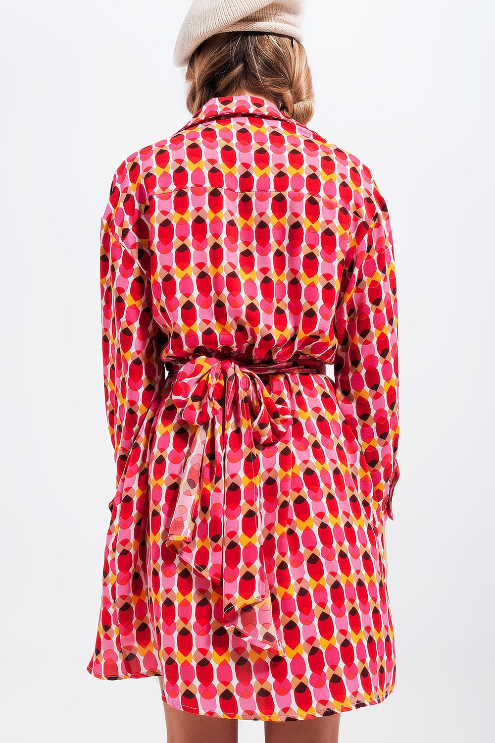 Button front tie waist printed dress in red - Dresses