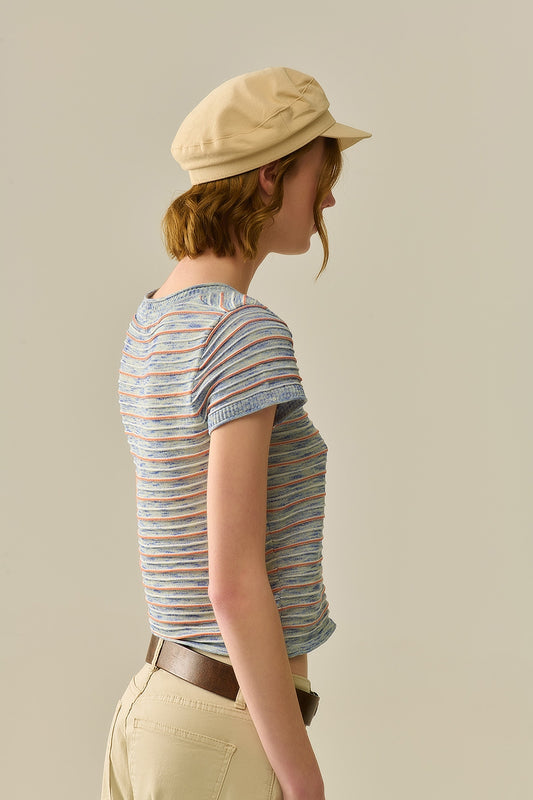 Buttoned Sweater In Blue Featuring Orange Stripes - T-shirts