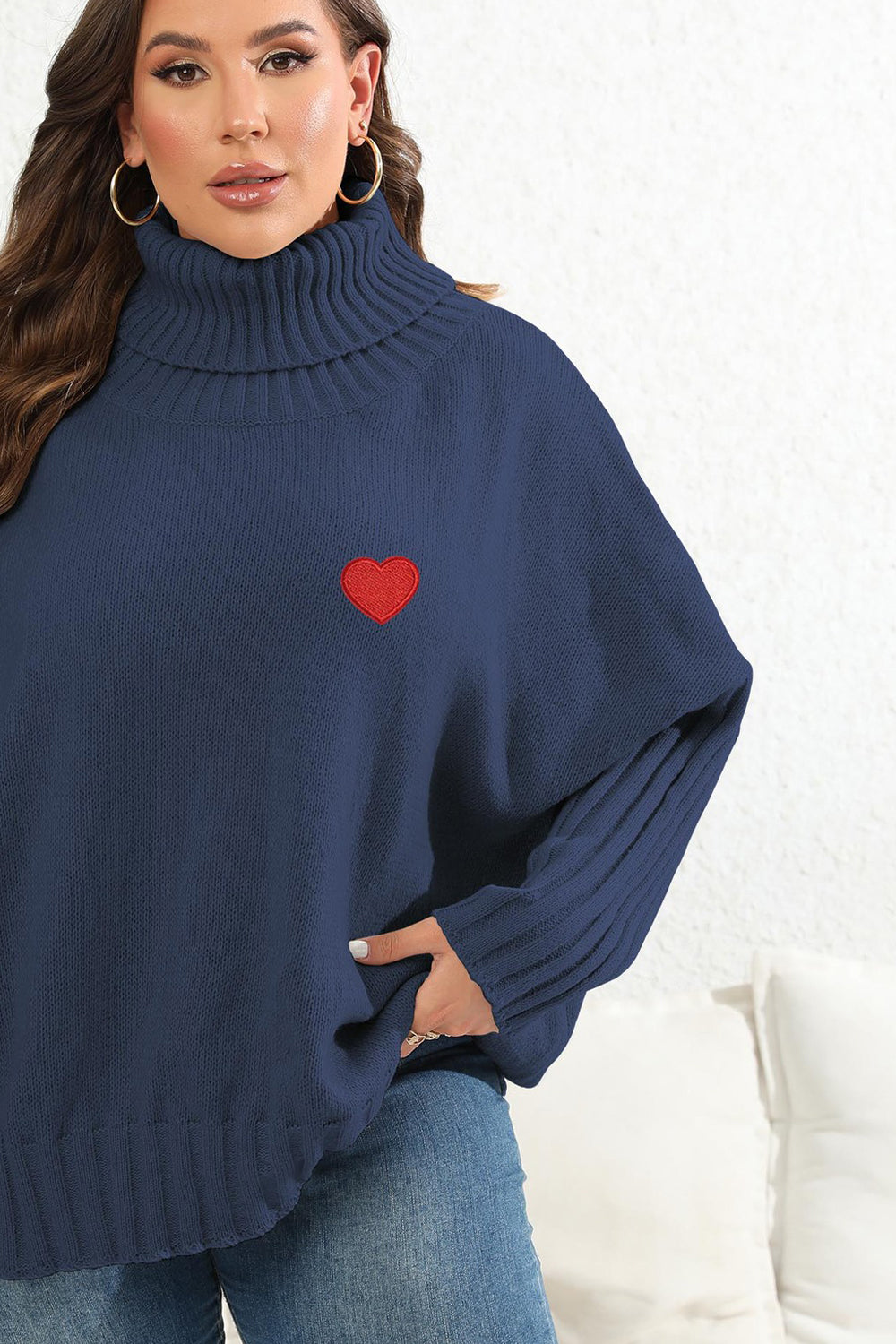 Plus Size Turtle Neck Jumper with Heart Patch - Sweaters